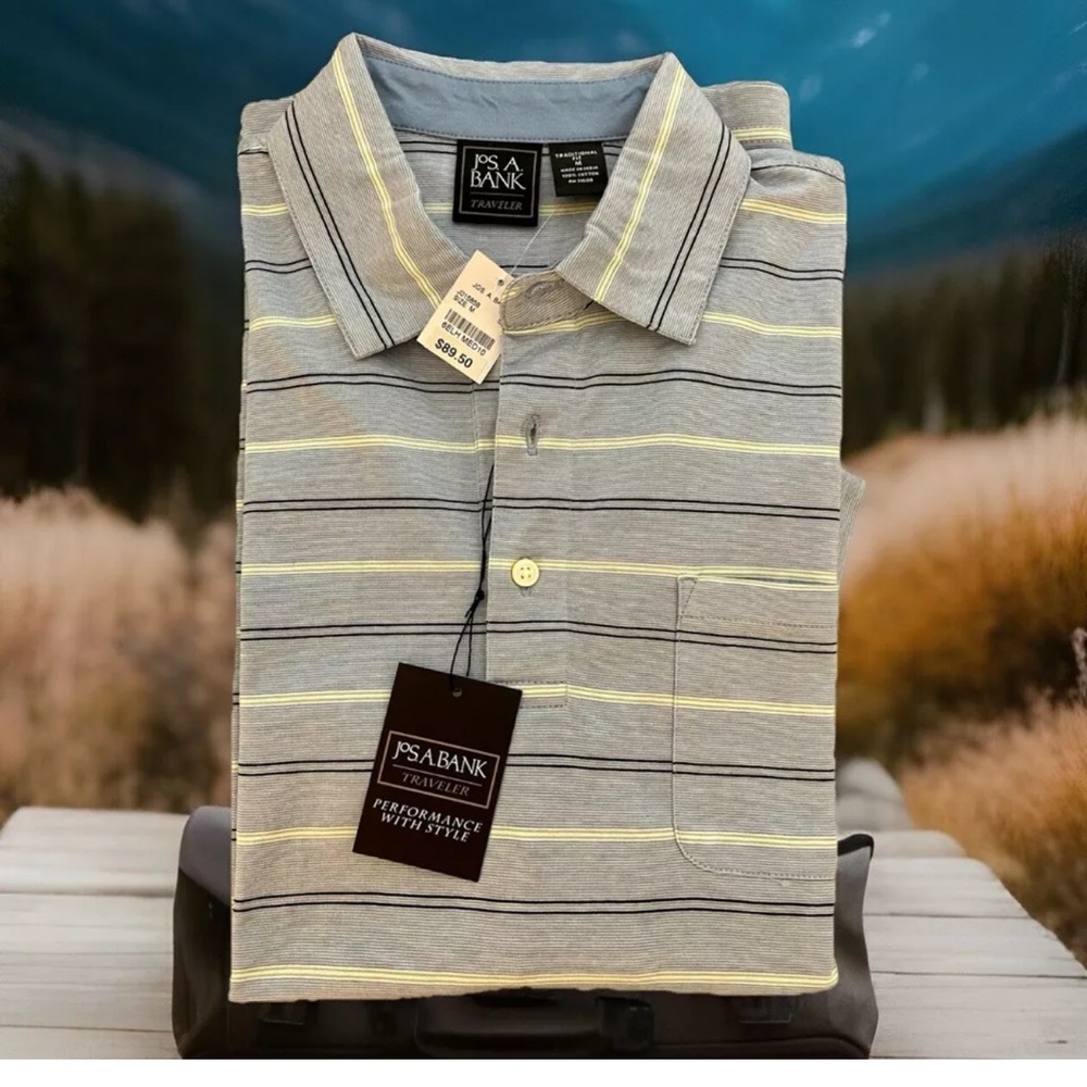 NWT-Jos. A. Bank Men's Blue Polo Striped Shirt 100% Cotton Size Medium Msrp $90